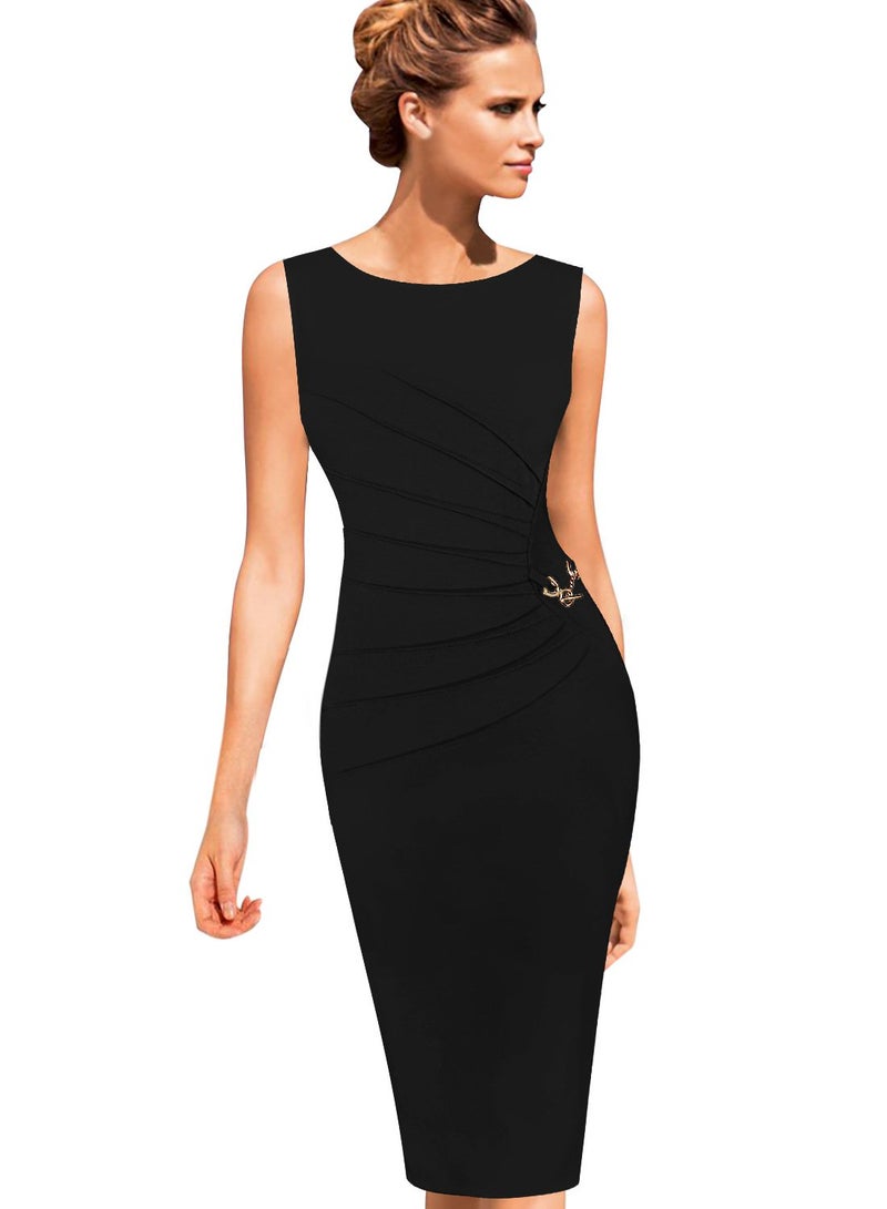 VFSHOW Womens Black Elegant Ruched Work Business Office Cocktail Party Pencil Sheath Dress 2812 BLK M - Image 2